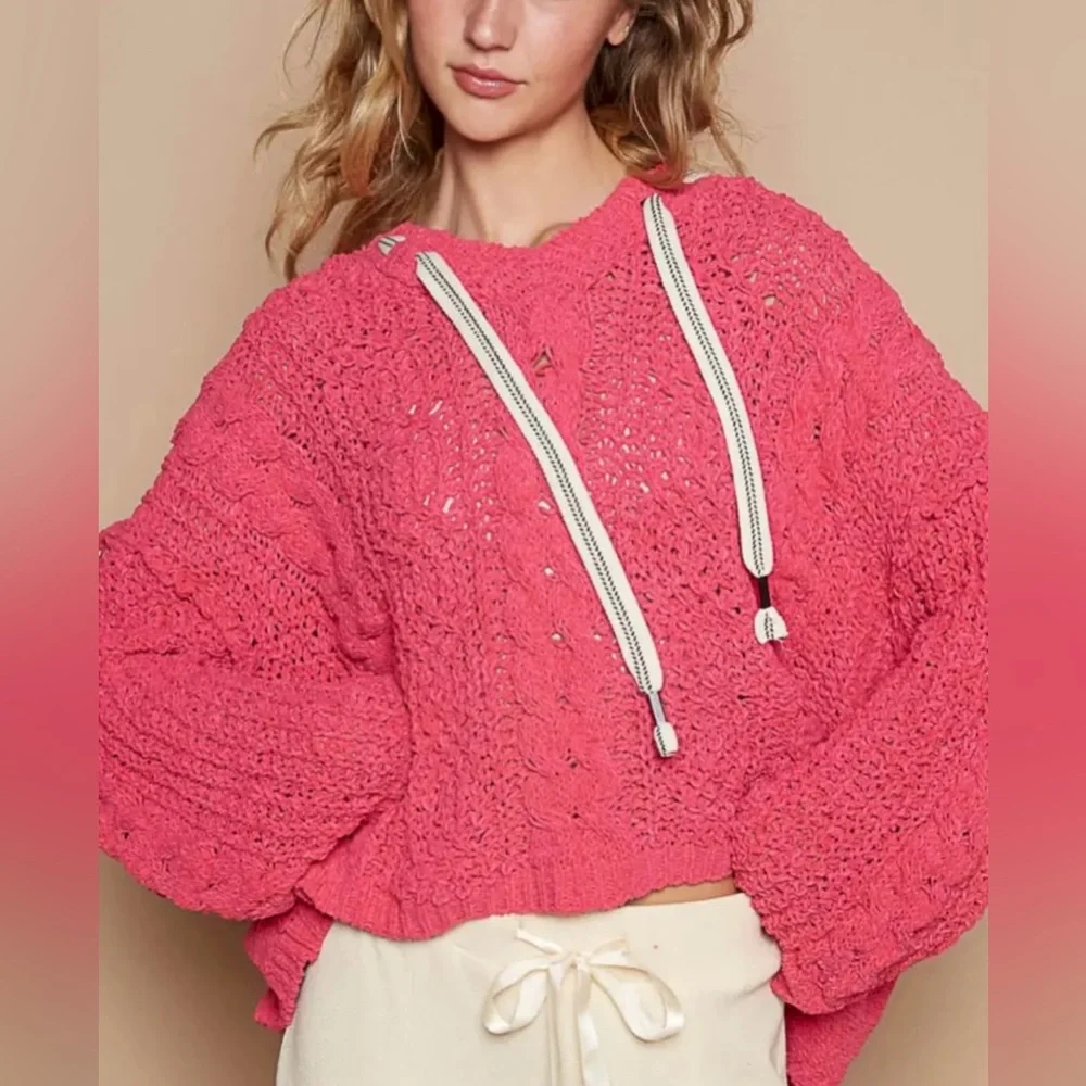 POL Pink Oversized Cropped Chenille Hoodie Sweater - Picture 2 of 3